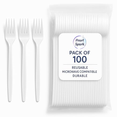 Reusable Plastic Forks (Pack of 100) | Pearl Spark | BPA-Free, Durable & Food-Grade – Lightweight, Washable, Microwave Safe Cutlery for Parties, Picnics & Everyday Use