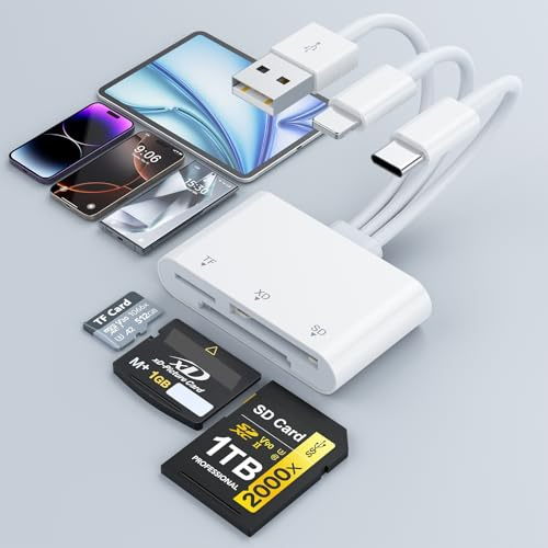 3-in-3 SD Card Reader for iPhone, Lightning + USB A + USB C Connector Memory Card Reader for SD/TF/XD Card, XD Card Reader Plug and Play, Multi Micro SD Card Reader for iPhone/iPad/Android/MacBook/PC
