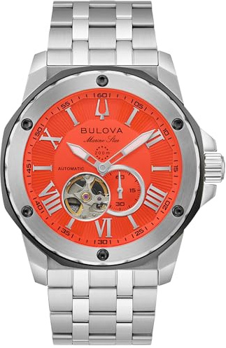 Bulova Men’s Automatic Marine Star Series A, Silver-Tone Stainless Steel Case with a 44mm Orange Heartbeat Dial (Style: 98A333)