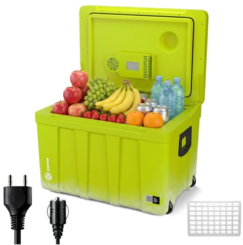 peme Auto Kühlbox 46,5L Elektrische Kühl und Warmhaltebox Dual Power 12V & 240V Eco-Modus Rollen & Griff Leiser Betrieb für Auto Camping Roadtrips – Essential XL 50 Neon Jungle