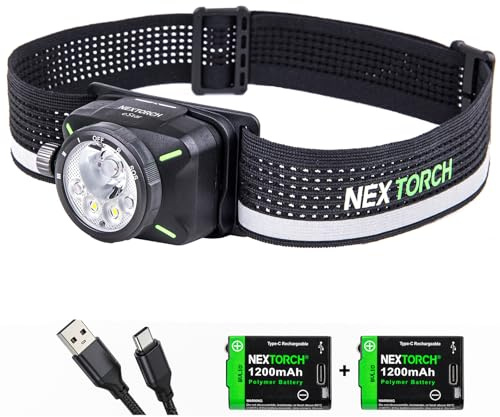 NEXTORCH eStar Stirnlampe 1300 Lumen, Aufladbare LED Kopflampe Ultraleicht mit Rotlicht, Wasserdichtes Stirnband für Outdoor, Camping, Wandern, Laufen & Joggen & Arbeit, 2 x 1200 mAh Akkus, USB-C