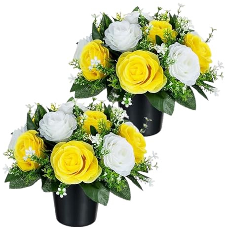 CECOMBINE 2 PCS Artificial Flowers for Graves, White Yellow Lilac Roses Memorial Arrangement, 25cm Silk Memorial Grave Flowers with Pots, Weatherproof Funeral Arrangements for Outdoor Graveside