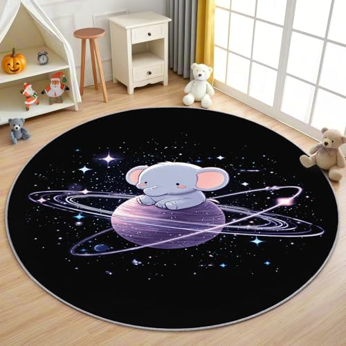 AevuCub Elefant Kinder Teppich Rund 120cm Kurzflor - Waschbare Teppiche Wohnzimmer Planeten Kawaii Elefant - Runder Teppich 120 Durchmesser Kinderzimmer - Bettvorleger Schlafzimmer rutschfest Weich