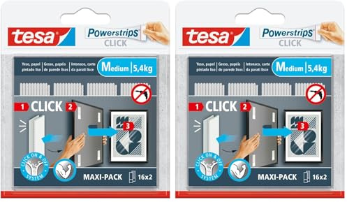 tesa Powerstrips CLICK – Klebehaken zum Aufhängen von Bilderrahmen und Wanddekorationen ohne Bohren – selbstklebende Streifen mit Ein- und Aushängesystem – Medium – 16 x 2 Stück (Packung mit 2)
