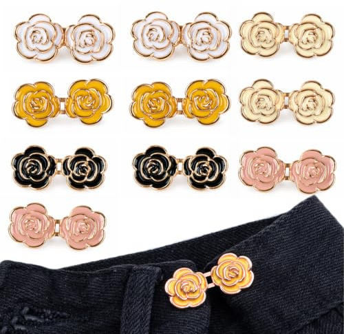 10 Piecès Boutons Jeans Clipsable, Serre-Taille Ajustable pour Jean | Pas De Couture Pour Jeans Larges, Pantalons Fleurs De Roses Boucles De Taille Réglable pour Pantalon