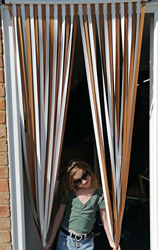 Holland Plastics Original Brand Robust Window Screen, Fly Protection, Strip Screen, Door Panel, Old Gold and White, 80 cm Wide, Complete with Self-Adhesive Hooks for UPVC Plastic Frames