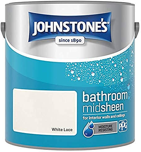 Johnstone's - Bathroom Paint - White Lace - Mid Sheen Finish - Stain Blocker Paint - Use in Moist & Damp Areas - Low Odour- Dry in 1-2 Hours - 12m2 Coverage per Litre - 2.5L