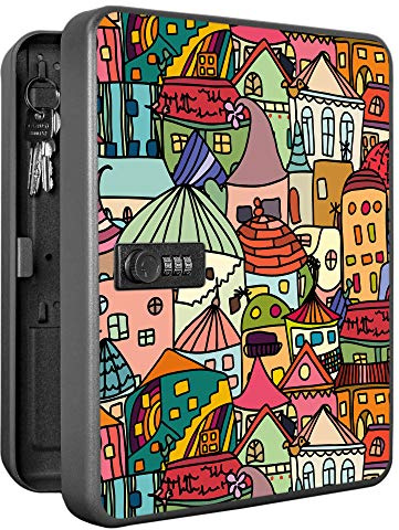 banjado Burg-Wächter abschließbarer Schlüsselkasten für 36 Schlüssel - Schlüsselkasten mit Zahlenschloss 24x30x8cm groß - Schlüsselschrank aus Stahlblech schwarz - Motiv Funky Town