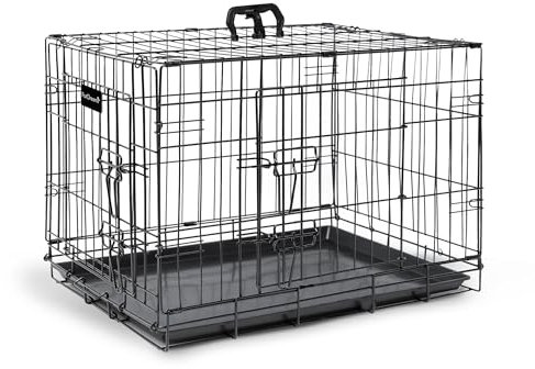 Hundekäfig (92cm) – Haustierkäfig aus schwarzem Metall mit 2 Türen (vorne und seitlich) mit kaubeständiger Kunststoff-Basisschale und Tragegriff, robuste Box, perfekt für Welpentraining (groß)