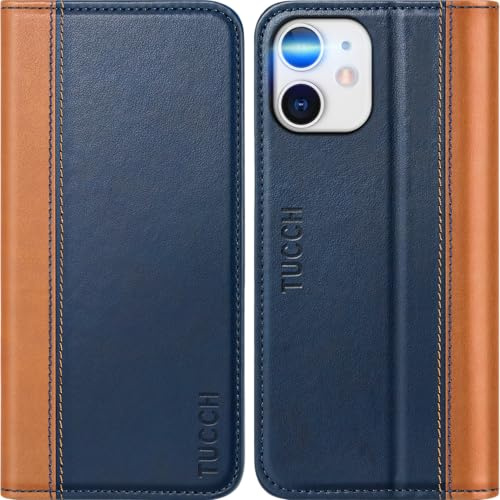 TUCCH Case für iPhone 12 Pro Hülle Handyhülle iPhone 12 TPU Leder [Kartenfächer] [Standfunktion] [Kratzfest], Stoßfeste Klapphülle kompatibel mit iPhone 12 (6,1 Zoll) Blau-Braun