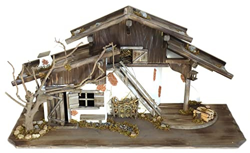 ELLUG Holz Krippenstall, Holzkrippe, Weihnachtskrippe 115 * 44 * 58cm (OHNE Krippenfiguren) Krippenstall aus Holz für Figuren bis 26cm Höhe