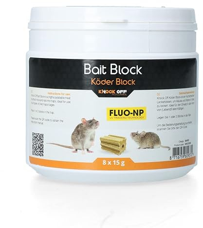 Knock Pest Control Lure Block für Maus & Ratte Fluo-NP - Ideal für den Einsatz in Fallen und Käfigen - Enthält einen fluoreszierenden Inhaltsstoff - um Mäuse und Ratten in Fallen zu Locken - 8x15g