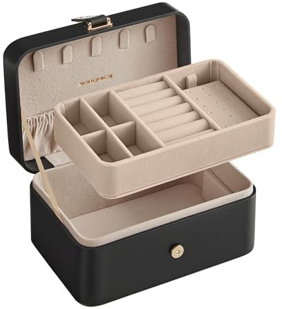 SONGMICS Scatola Portagioie da Viaggio, Piccolo Porta Gioielli, 2 Livelli, Portagioielli Portatile, per Accessori Grandi, 11,6 x 16 x 7,5 cm, Idea Regalo, Nero Inchiostro JBC166B01