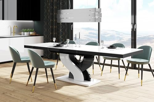Design Esstisch HEB-111 Weiß Hochglanz / Schwarz Hochglanz ausziehbar 160 cm bis 256 cm Esszimmertisch für bis zu 10 Personen Hochglanz Funktionstisch modern vielseitig Esszimmer erweiterbar zeitlos