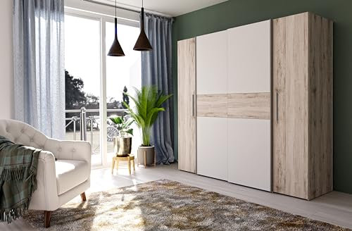 FORTE KALIXTUS Schrank 200, Kleiderschrank, Schwebetürenschrank Skandinavisch Schlafzimmer Drehtürenschrank, 4-türig, Holzdekor: Sandeiche/Weiß, 200 cm breit x 190.5 cm hoch x 62 cm tief