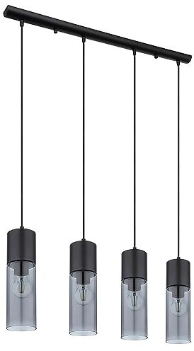 Hängeleuchte Pendellampe Esszimmerleuchte Wohnzimmerlampe Küchenleuchte, 4-Flammig, Glas Metall schwarz rauch, E27, H 156 cm