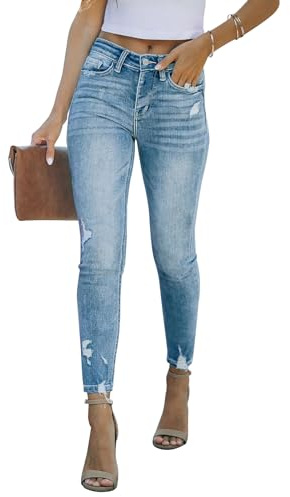 KUNMI Women's Mid Waisted Skinny Ripped Jeans Slim Fit Distressed Stretchy Denim Pants
