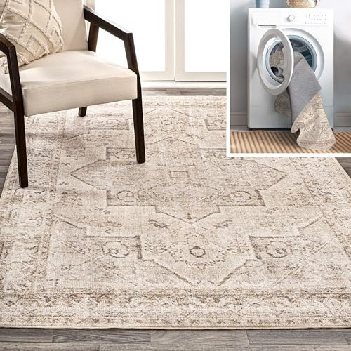 JONATHAN Y WSH318A-8 Koda - Alfombra vintage de medallón nativo americano, lavable a máquina, borde, clásica, tradicional, suroeste para sala de estar, comedor, dormitorio, cocina, crema/marrón, 8 x