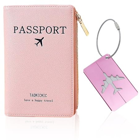 SLEEKEE 1 Stück Reisepasshülle mit 1 Stück Gepäckanhänger,Reisepass-Schutztasche,Reise-tragbarer Dokumentenschutz, Herren- und Damen-Passhülle in Rosa, Aufbewahrungstasche für Ausweise, (Rosa)