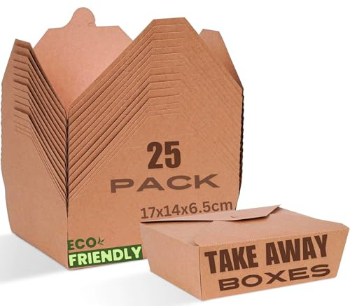 HURUC Large Kraft Takeaway Food Boxes 337gsm – 1420ml (Pack of 25) | Leak-Proof, Microwave Safe Disposable Containers for Pasta, Salads, Meals & Poke Bowls | Eco-Friendly Brown Kraft Boxes