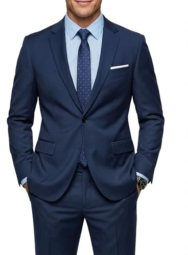 MY'S Men's 2 Piece Suit with Tie, One Button Slim Fit Solid Jacket and Pants Set, Suits for Men Party Prom Wedding & Business, Deep Blue