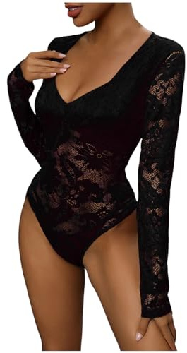 KBOPLEMQ Body en dentelle pour femme à manches longues élégant avec col roulé et maille, forme moulante, vêtements sexy à manches longues et col en V, body sexy à manches longues, haut en dentelle