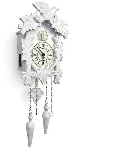 Rylai Cuckoo Clock Large Wooden Wall Clock Handcrafted 13x9.5 Inch (White)