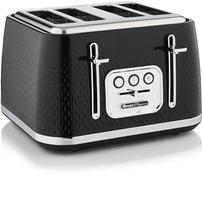 Swan ST19025BLK Elegance 4 Slice Toaster with 7 Browning Levels, Defrost and Reheat functions, Anti-Jam and Cord Storage, 2100W, Black