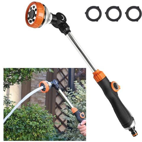 47 cm Gartenbrause, Gießstab mit 8 Sprühbilder und 180° Schwenkbarer Kopf, Handbrause Garten mit Daumensteuerung, Einstellbarer Wasserdurchfluss, Garten Schlauch Wasserspritzpistole für Bewässerung