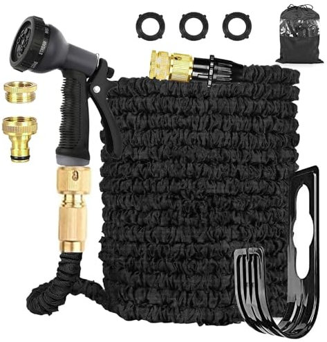 FASCINATDECO Flexibler Gartenschlauch 45m, Wasserschlauch Flexibel mit 8 Sprühmuster, 3/4 & 1/2 Adapter, Dehnbarer Garden Hose Schlauch für Garten, Auto, Waschen und Gießen (45M/150FT,Schwarz)