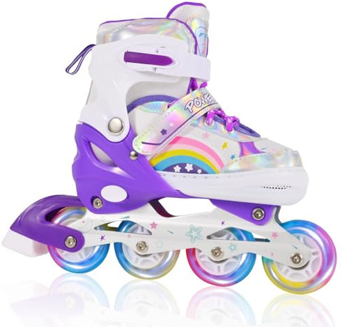 LOKJIJI Einstellbare Inline Skates für Kinder Mädchen Anfänger, Rainbow Inline Skates für Kinder und Jugend für drinnen draußen Sport Violett Regenbogen (Medium)