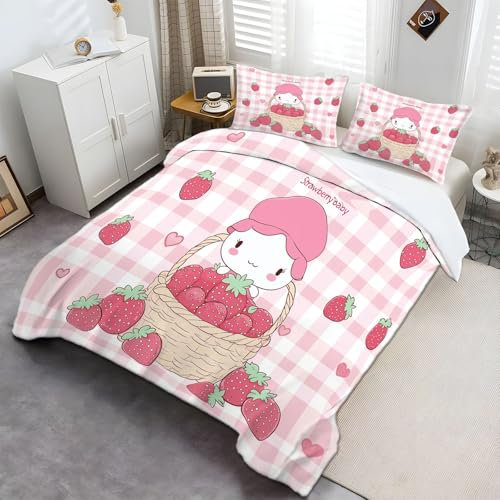 Housse de Couette Bébé Fraise Plaid Fantaisiste À La Mode Imprimé Set de Parure de lit 200x200 cm pour Enfants Adulte, avec 2 taies d'oreiller 65x65 cm, Doux et Sans Repassage pour lit 1 Personne