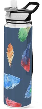 Mnsruu Transparente Sport-Wasserflasche mit Strohhalm, auslaufsichere Trinkflasche, Aquarellfarben, bunte Federn, Fahrradflaschen für Sport, Büro, Schule, BPA-freier Tritan-Kunststoff, 1 Liter