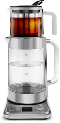 Karaca X Refika XL Tetera automática & Caydanlik, hervidor de agua de 2 L y tetera de cristal de 0,8 L, control de temperatura múltiple, modo ecológico, tetera para familia e invitados, cromo