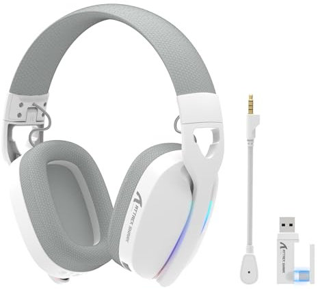 ATTACK SHARK L90 Casque Gaming sans Fil Ultra-Léger, BT, 2.4G, Câblé 3.5mm, Éclairage RGB Pliable, Son Surround 7.1 Over-Ear avec Microphone Antibruit Détachable, pour PC, Mobile - Blanc