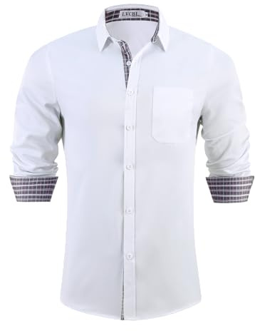 LVCBL Men's Long Sleeve Shirts Plain Stretch Dress Shirt Button Down Shirt with Pocket White M