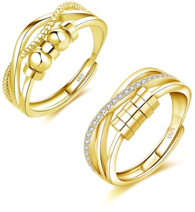 Deyanse Silber Anxiety Ringe, 2PCS 925 Sterling Silber Angst Ringe Set | Offen Einstellbar Anti Stress Partnerringe, Unendlichkeit Spinner Fidget Ring mit Perlen, Unisex Dekompressionsring Paar Ring