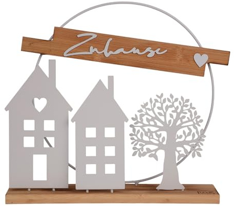 UNUS Aufsteller Deko-Schild Zuhause, Bambus und Metall, weiß | Filigranes Design mit Häusern und Baum, Ganzjährige Dekoration für Wohnzimmer & Eingangsbereich