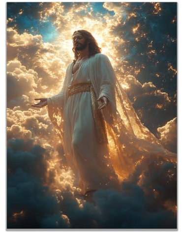 WIKEO Jesus Leinwand Kunstdruck, Jesus in den Wolken Christliche Poster Religiöse Bilder, Gemälde für Schlafzimmer Wohnzimmer Büro Küche Dekoration - 30x40cm Ungerahmt(Gelb)