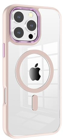 N NEWTOP Cover CV44 Compatibile Apple iPhone 16 Pro Max, Custodia Case TPU Rigida e Morbida Bordi Colorati Retro Trasparente Ricarica Wireless Hard Case Posteriore Anti Urto Cromata Pulsanti (Rosa)