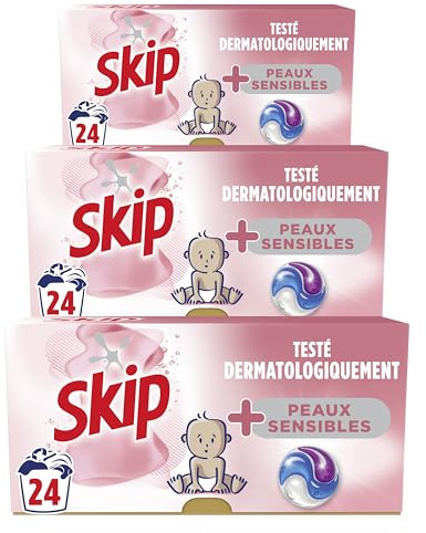 SKIP - Lessive Capsules - Tout en 1 - Peaux Sensibles - Propreté Impeccable et un Linge éclatant- Testées Dermatologiquement - Lot de 3x24 lavages