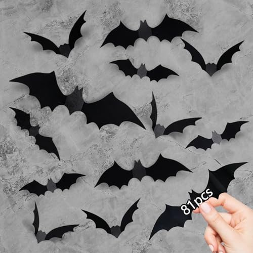 81 Decorazioni Halloween Adesivi 3D di Pipistrelli, 4 dimensioni Decorazioni 3D per Pareti Finestre Porte, Ideali per Interno ed Esterno per un'atmosfera Spaventosa Halloween Festa Nero