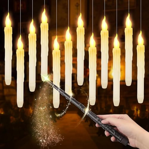 Mineup Schwebende Kerzen mit Zauberstab,12 Stück Schwimmkerzen mit Zauberstab, 17cm Fliegende Kerzen, Hängende Kegelkerze, Floating Candles, LED Stabkerzen für Halloween Deko Weihnachten, Warmweiß
