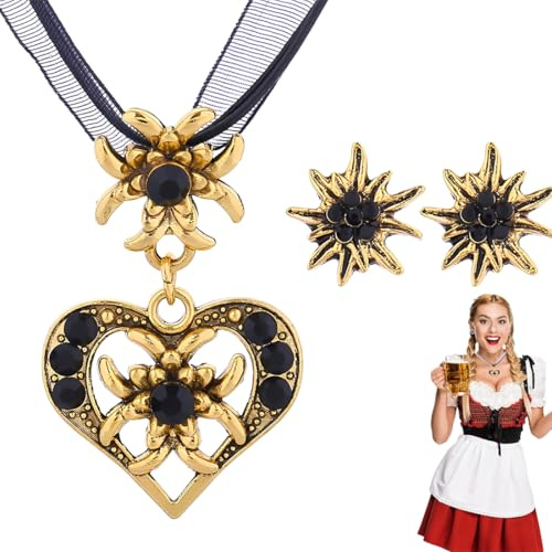 OUDQFCJ 3 Stück Trachtenschmuck Set Bayerisch schmuck Trachtenkette mit Strass Gold Herz Anhänger und Gold Ohrstecker für Damen Bierfest Trachten Outfit Accessoires(schwarz)