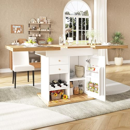 Esstisch Teleskoptisch(110-140×80cm), klappbarer Küchentisch für 4-6 Personen, Ausziehbarer Esstisch ,platzsparender Küchentisch,für Küche und Wohnzimmer, Tisch mit Snackregal und Weinregal (weiß)