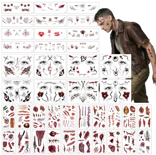 EAPIKON 40 Tatouages Temporaire Halloween Faux Sang Cicatrice Enfant Adulte | 40 feuilles stickers éphémères en 3 formats; faux sang cicatrices blessures pour visage corps yeux; cosplay déguisement fêtes