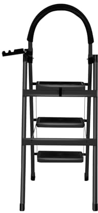 Escalera de 3 escalones, plegable de acero sólido y estable – Pie plegable, carga 150 kg, plataforma de trabajo, antideslizante y cómoda, 104 x 57 x 41,5 cm, 3 peldaños (negro)