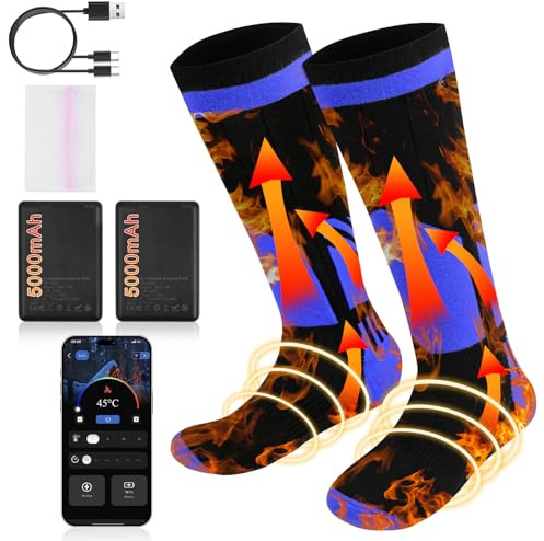 Calcetines Calefactables Hombres Mujeres, Calcetines Termicos Recargable con App Control 4 Niveles Temperatura, Eléctrico Calcetines Calefactables para Esquí Acampar Caza Pesca en Hielo(Negro y Azul)