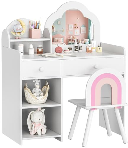 MAMIZO Coiffeuse pour Enfants 2 en 1, Coiffeuse Enfant avec Miroir et Tabouret, avec Tiroirs et Armoires de Rangement, pour Filles et Garçons, Bureau pour Enfants, 73,5x40x90,5cm, Blanc
