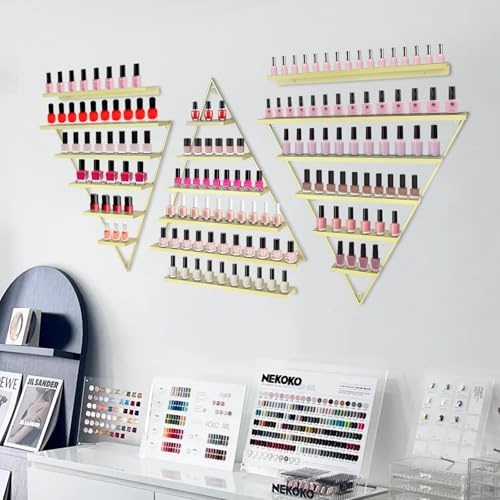 Brride 6 Stück Nagelllack Ständer, 5 Etagen Regal Dreiecke Metall Nagellack Organizer Wandregal Nagellackspeicher, Wand montiert Nagellack Display-Ständer Kosmetische Vitrinen (Gold)